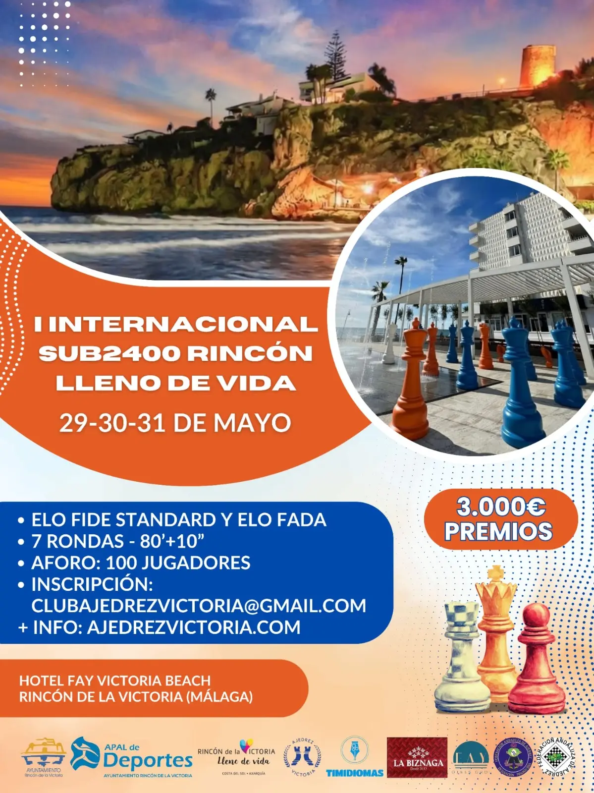 Rincón de la Victoria acoge del 29 al 31 de mayo el I Torneo Internacional de Ajedrez Clásico, con 3.000 € en premios y más de 100 jugadores.